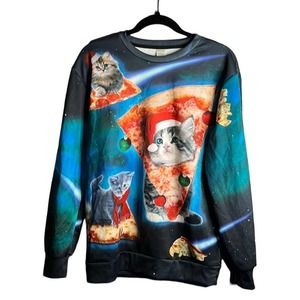 𝅺UGLY Cat and Pizza Long Sleeve Christmas Sweater Size Large
